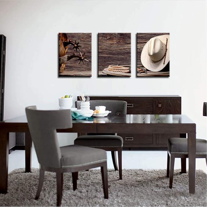 Canvas Print Wall Art Decor Western Cowboy Wall Art American Cowboy Hat Boots West Rodeo Vintage Picture Stretched Gallery Canvas Wrap Giclee Print Ready to Hang for Home Office Living Room