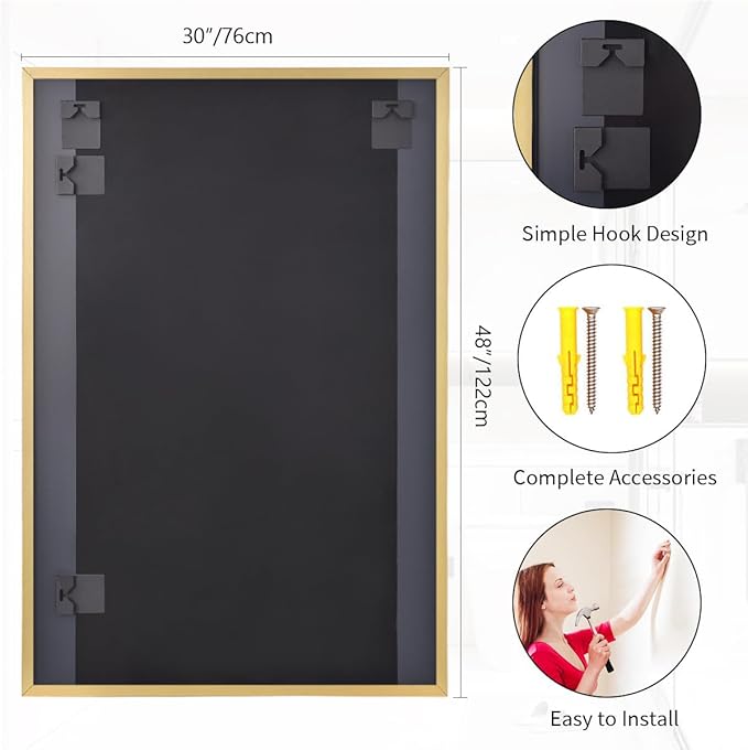 Koonmi Gold Mirrors for Wall, 30x48 Inch Bathroom Mirror, Rectangular Wall Mirror for Living Room Bedroom Bathroom, Hangs Horizontally or Vertically