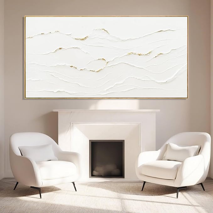 Large Wavy Line White Abstract Wall Art with Frame Minimalist Modern Hand drawn Painting Textured Poster for Living Room Dining Room Bedroom Decor 29"x58"