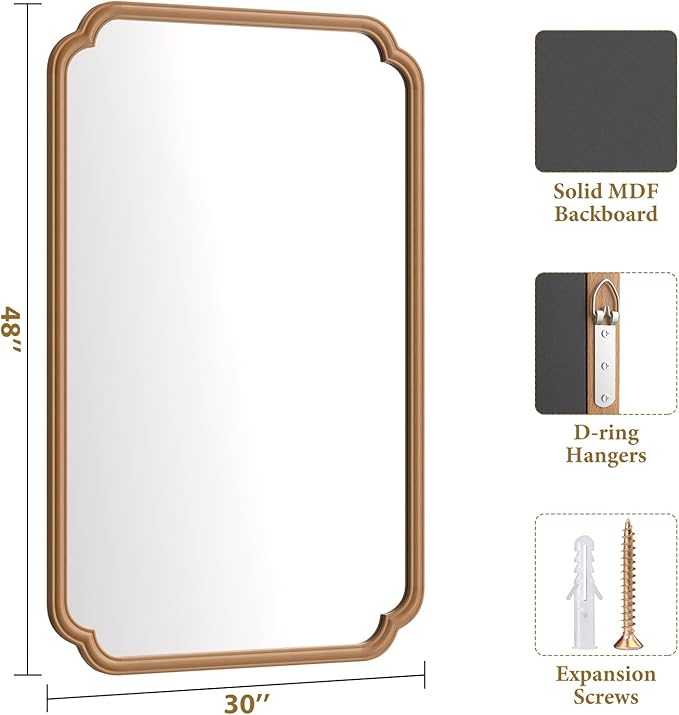 30"x48" Wood Bathroom Mirror for Wall, Large Wood Bathroom Vanity Mirror, Rounded Rectangle Mirror in Wooden Frame Hangs Horizontal Or Vertical
