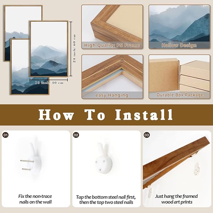 BINCUE Framed Blue Mountain Wall Decor Fog Blue Ridge Mountains Wall Art for Living Room Bedroom Office 16x24 Inches Set of 3