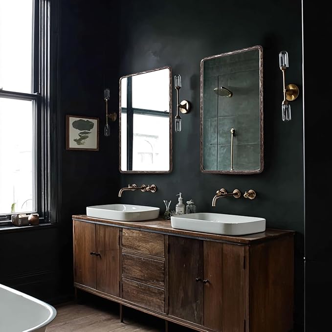 ANDY STAR Hand-Forged Bronze Bathroom Mirrors for Wall, 22x30 Inch Vintage Solid Steel Metal Frame Bathroom Vanity Mirror, Antique Rounded Rectangle Wall Mirror, Hangs Horizontally or Vertically