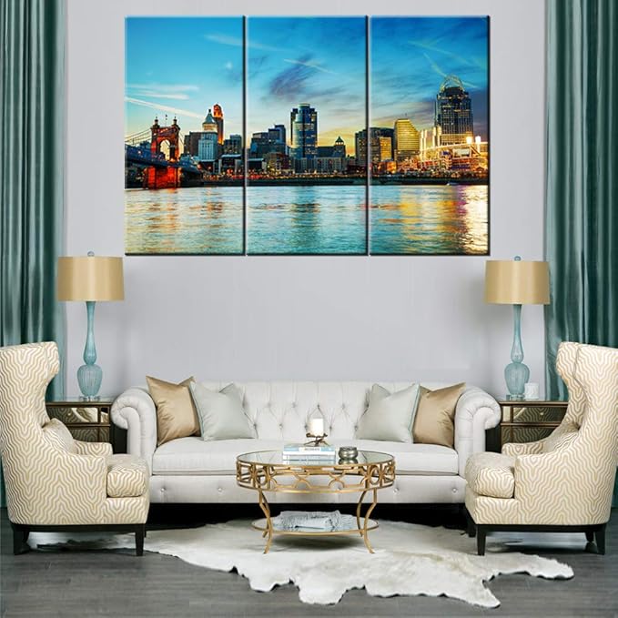 Ohio Pictures for Wall Art Cincinnati Downtown Overview Early in the Night Photo Poster Prints Color Wall Art for Modern Living Room Office Wall Decor Cityscape Artwork Ready to Hang 40‘’x20‘’x3P
