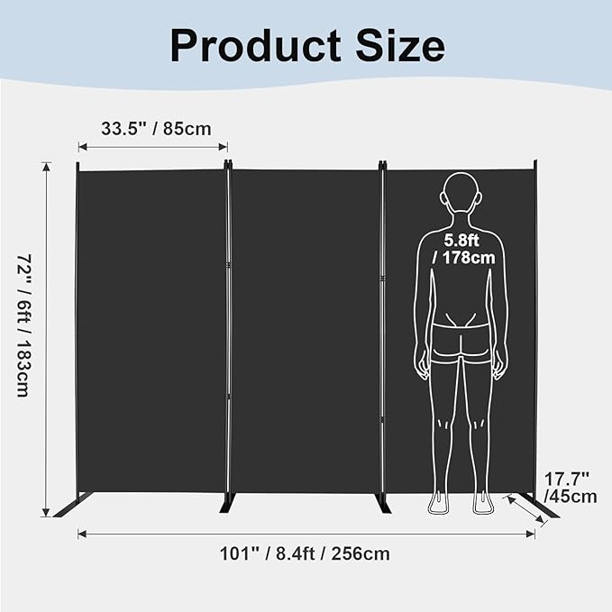MAYOLIAH 3-Panel Black Room Divider 6ft Tall Folding Privacy Screen w/Flat Base Portable Office Partition Indoor Wall Separator 101" W X 72" H