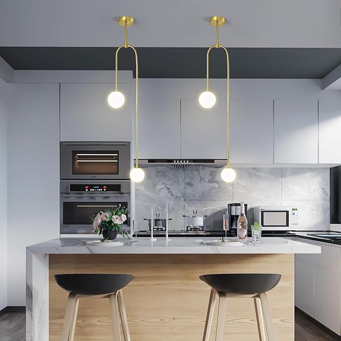 Modern Milk Glass Pendant Light 2 Light Mid Century Chandelier Small Glass Globe Gold Pendant Lights for Kitchen Island Bedroom Dining (Metal Tube Removable, 1 Pack)