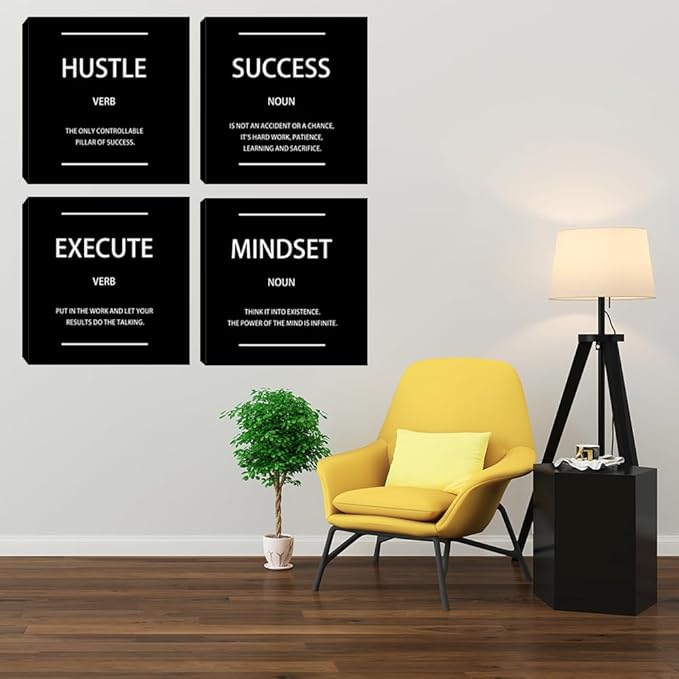 Motivational Hustle Wall Art Inspirational Mindset Canvas Poster Print Inspiring Entrepreneur Quotes Success Execute Office Wall Decor Black Set of 4 Picture Painting Framed Artwork for Living Room