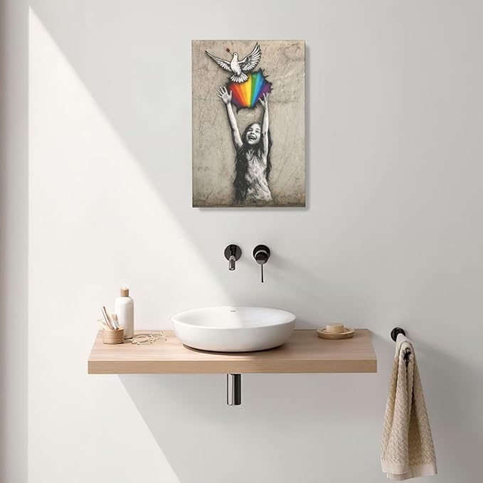 Banksy Street Graffiti Wall Art Rainbow Canvas Wall Decor Love And Peace Pictures Paintings Prints Artwork Framed Modern Decorations For Bedroom Bathroom Office Living Room Gifts 16" x 24"