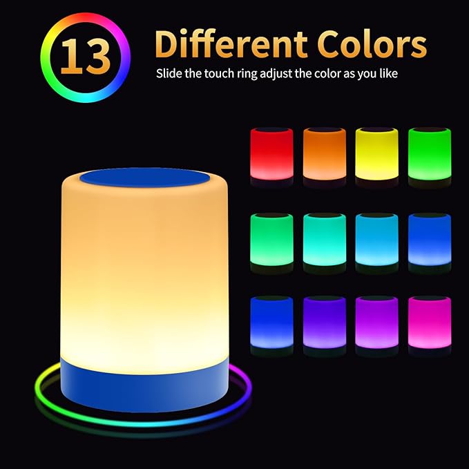 OORUN Touch Bedside Table Lamp,13 RGB Colors & 5 Brightness, USB Rechargeable Desk Lamp, Remote Control Dimmable Night Light with RGB Color Changing,Portable Lamp for Baby, Bedroom, Living Room (Blue)