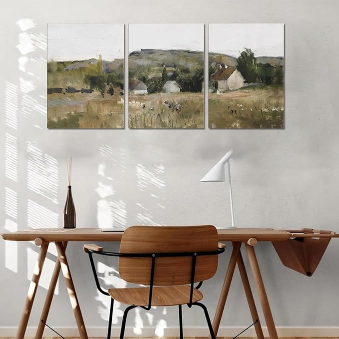 3 Pieces Neutral Landscape Split Print Country Wall Art Canvas Wall Art Vintage Outskirts Painting Prints for Farmhouse & Bedroom Decor Bathroom Framed Ready to Hang-12x16inchx3Pcs