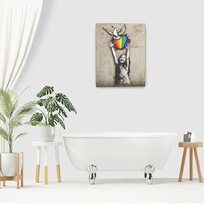 Banksy Street Graffiti Wall Art Rainbow Canvas Wall Decor Love And Peace Pictures Paintings Prints Artwork Framed Modern Decorations For Bedroom Bathroom Office Living Room Gifts 16" x 20"
