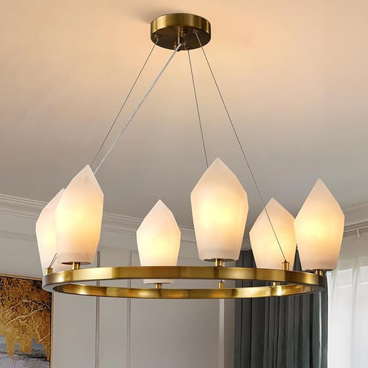 Alabaster Chandeliers, 23" 6-Light Modern Large Chandelier for Living Room with Bulb, Bedroom Wagon Wheel Chandelier, Round Gold Chandeliers for Entryway, Foyer Lighting Fixtures Hanging Light