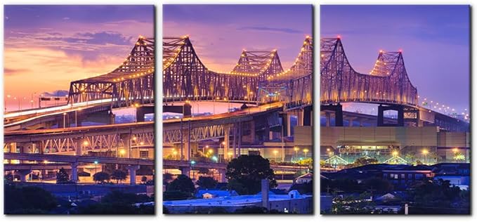 Pacimo Canvas Print Wall Art Set New Orleans Cityscape Modern Walls Decoration for Living Room Bedroom Office Crescent City Connection Bridge Pictures Painting Framed Ready to Hang - 20"x28"x3 Panels