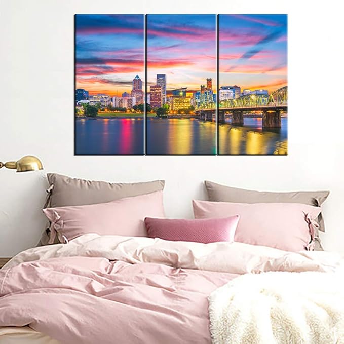 3 Pieces Wall Art Painting Portland, Oregon Skyline Prints On Canvas the Picture City Pictures Oil for Home Modern Decoration Print Decor for Living Room with Framed Ready to Hang - 28 inch x 14 inch
