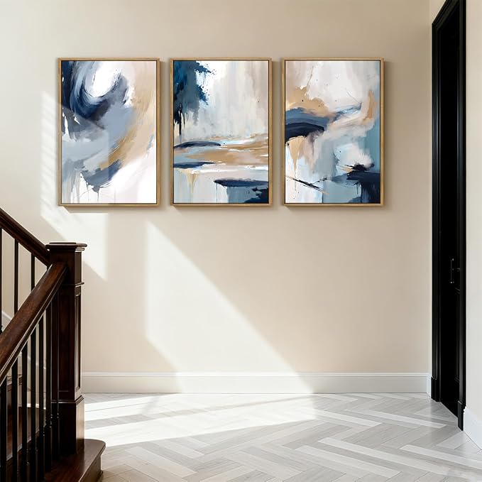 Large Blue Abstract Wall Art Framed Modern Artwork Neutral Wall Decor for Living Room Bedroom Office 16x24 Inch Set of 3