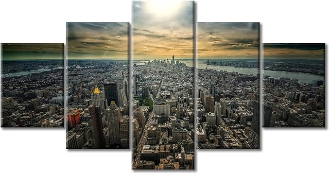 5 Panel New York Office Decor Art Prints Cityscape Pictures Wall Decor for Living Room New York Skyline Artwork Paintings Contemporary Home Decor Stretched and Framed Ready to Hang (60"Wx32"H)