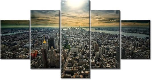 5 Panel New York Office Decor Art Prints Cityscape Pictures Wall Decor for Living Room New York Skyline Artwork Paintings Contemporary Home Decor Stretched and Framed Ready to Hang (60"Wx32"H)