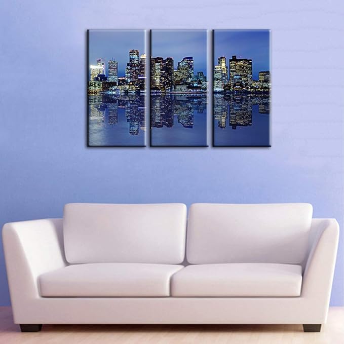 Colorful Panoramic Boston Skyline Modern Art Work Cityscape Pictures Paintings on Canvas Wall Art Wall Pictures for Bedroom Art Home Decorations Office Decor Ready to Hang (24‘’ x 12‘’ x 3 panels)