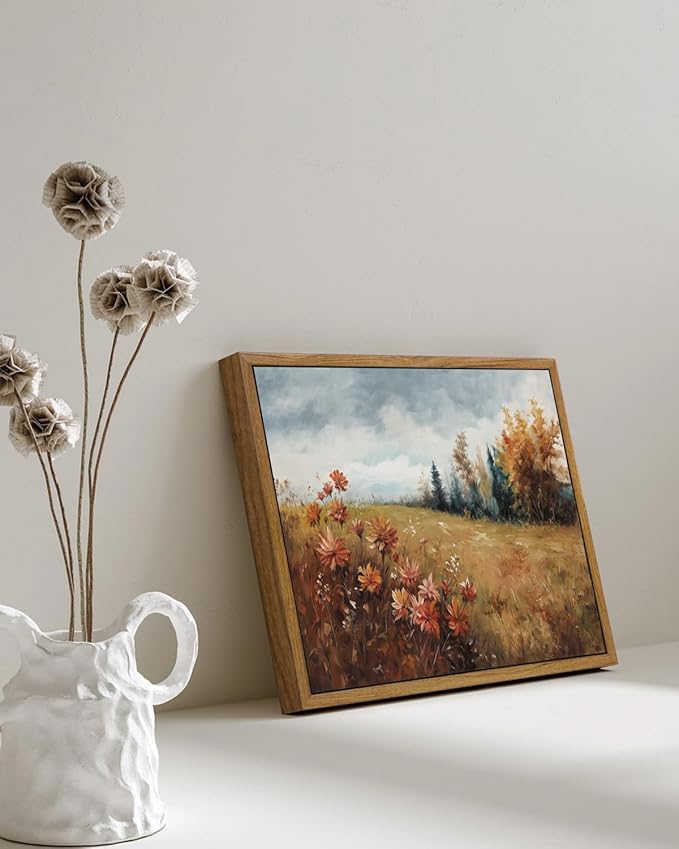 KISSFOX Vintage Fall Countryside Framed Wall Art Autumn Wildflower Forest Landscape Canvas Art Farmhouse Floral Golden Fields Paintings Artwork Rustic Serene Art Prints For Kitchen Living room Bedroom