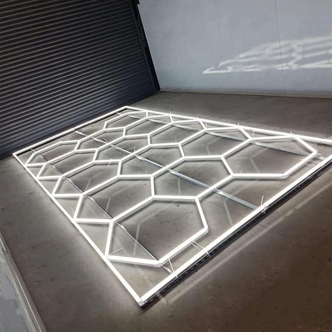 Car Detailing Led Garage Light,15 Hexagonal Grid Systems Led Shop Lights for Garage/Workshop with White Border, 6500K IP54 AC100-240V(191 “x96”)