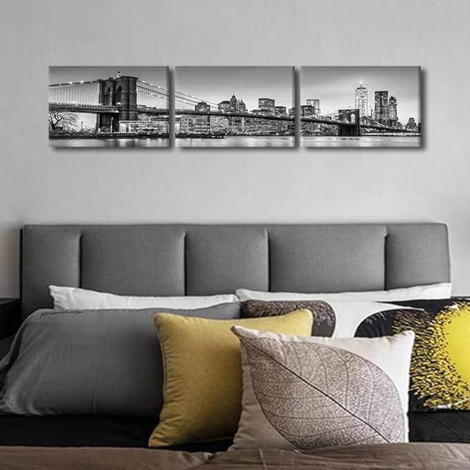 Canvas Wall Art Print New York Cityscape Wall Art for Bedroom Brooklyn Bridge Panorama Wall Decor Art Paintings City Reflection Modern Giclee Artwork for Office Home Decor Ready to Hang 16x72 Inch