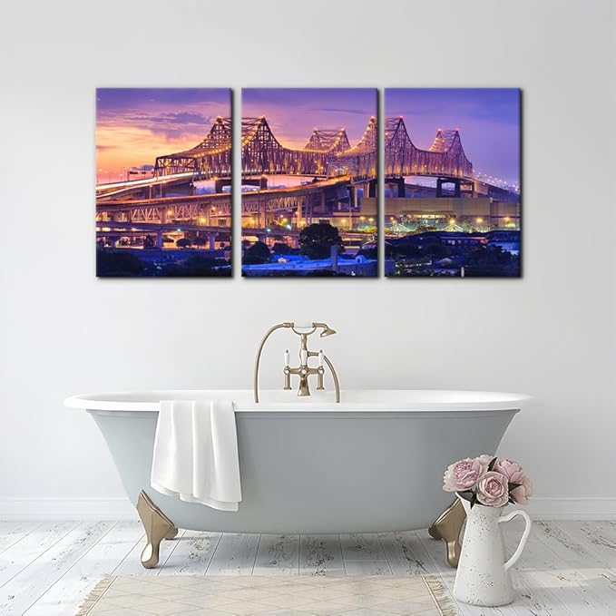 Pacimo Canvas Print Wall Art Set New Orleans Cityscape Modern Walls Decoration for Living Room Bedroom Office Crescent City Connection Bridge Pictures Painting Framed Ready to Hang - 20"x28"x3 Panels