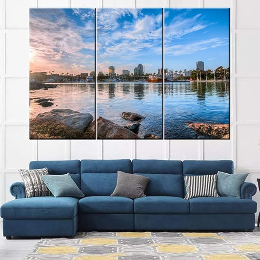Large Canvas Print Wall Art – Long Beach Harbor Skyline – 40 x 20 Inch Canvas Picture Stretched On Wooden Frame – California Port City Cityscape Giclee Canvas Printing – Hanging Wall Deco Picture