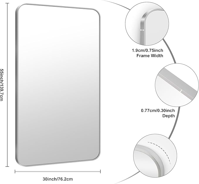 KOCUUY Silver Bathroom Mirror, 30x55 Inch Bathroom Mirror for Over Sink, HD Tempered Glass, Anti-Rust Brushed Silver Frame, Rounded Corner Modern Design for Bathroom, Hang Horizontal/Vertical