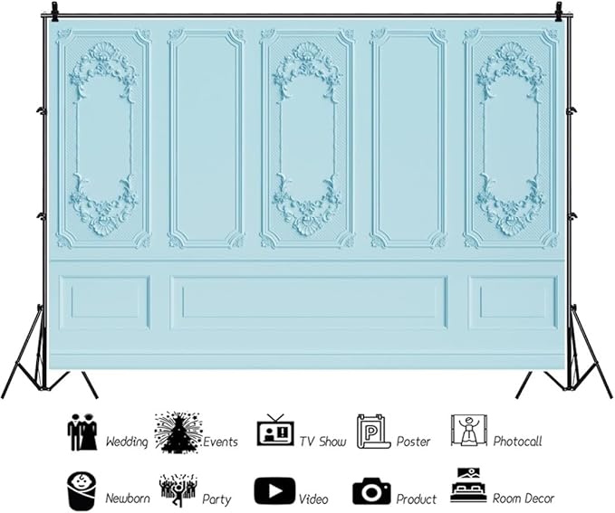 Leyiyi 15x10ft Light Blue Vintage Room Inside Backdrop European Frame Modern House French Castle Cementery Wall Retro Style Photo Background Cowboy Kids Birthday Portrait Studio Props Vinyl Wallpaper