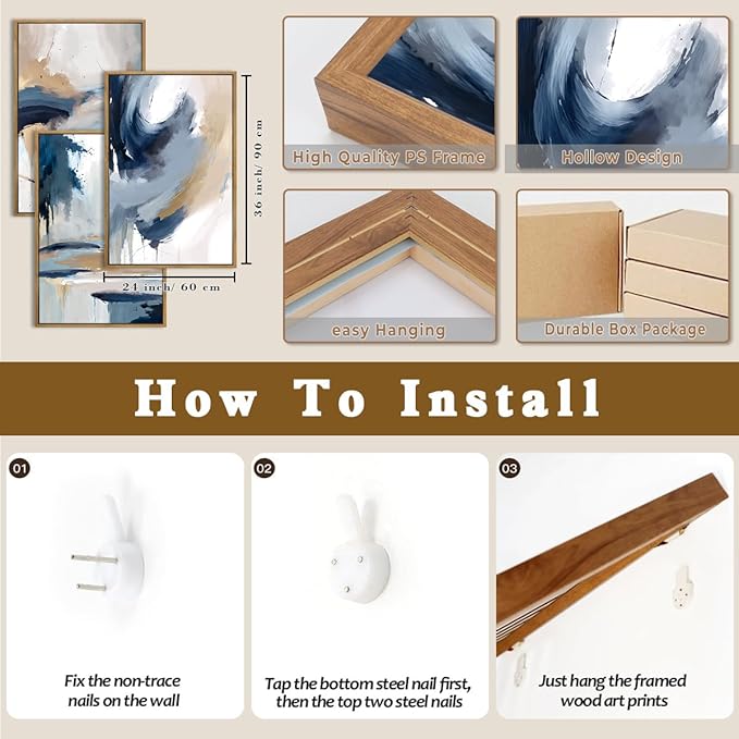 Anyzal Large Blue Abstract Wall Art Framed Modern Artwork Neutral Wall Decor for Living Room Bedroom Office 24X36 Inch Set of 3