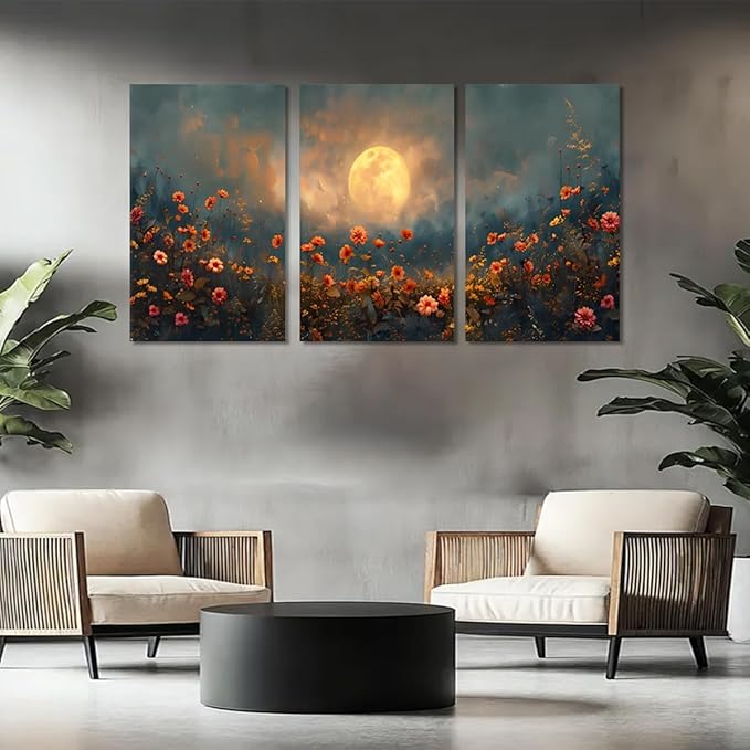 3 pcs Midnight Wildflower Framed Canvas Wall Art Moonlit Red Floral Wall Decor Nature Inspired Landscape Artwork Art Prints for Living Room Bedroom Farmhouse- 24"x36"x3pcs