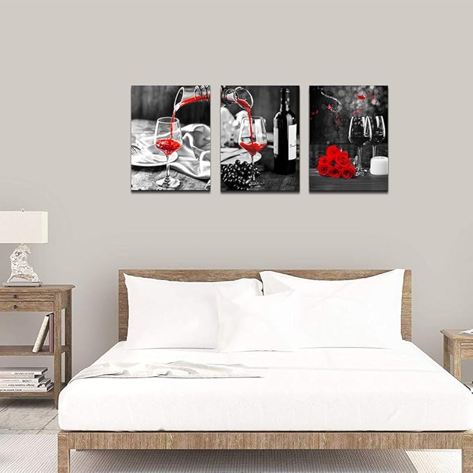 Kitchen Wall Art for dining room Wall Decor Still life Black and white Canvas art Prints Wine barrel bar Red rose painting modern family wall decorations restaurant bedroom Decor Artwork 3 piece set