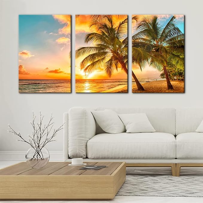 3 Panels Sea Landscape Modern Wall Art Ocean Sunset Canvas Prints Sea Beach Pictures Painting on Canvas Wall Art for Home Decor Gallery Wrapped Tropical Scenery Seascape Giclee Artwork - 16"x24"x3