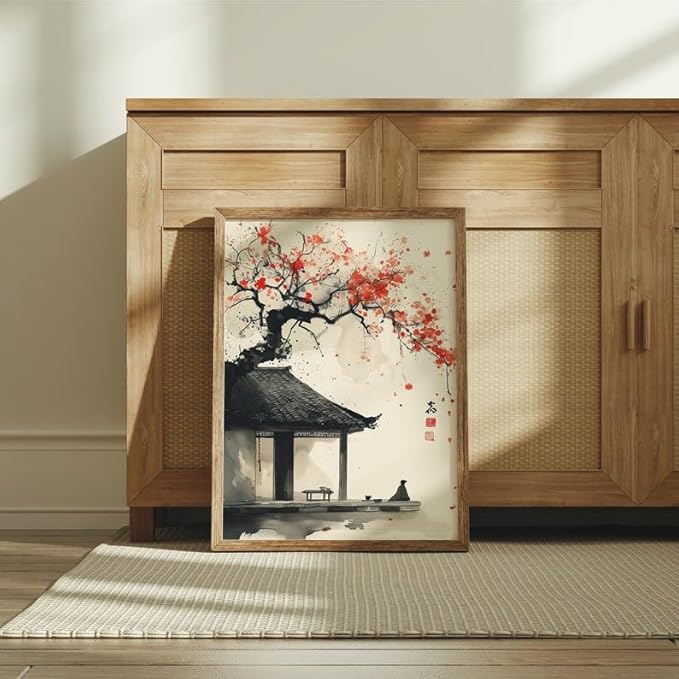 Japanese Ink Wash Painting Poster, Zen Wall Art Print with Red Blossoms, Traditional Asian Landscape Artwork, Japandi Minimalist Home Decor for Gallery or Living Room (Unframed) (27x40)