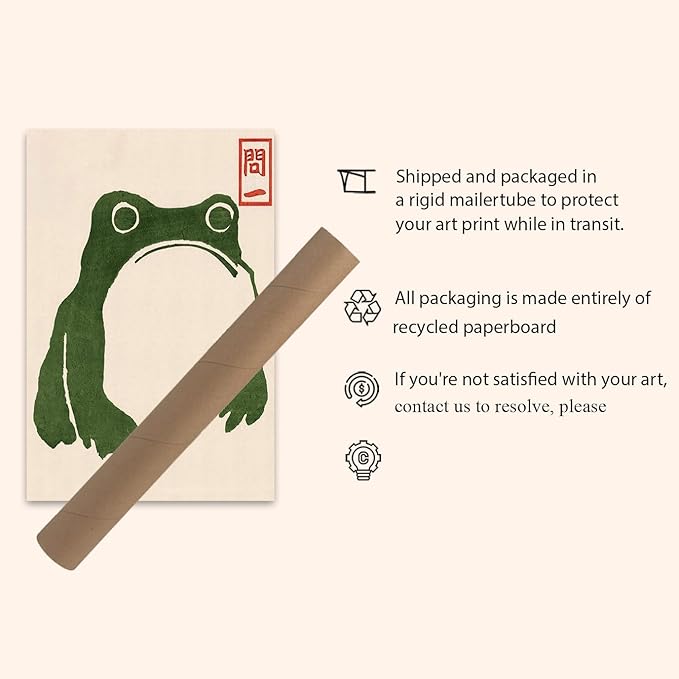 OZCONO Japanese Frog Wall Art Print, Green Toad Woodblock Style, Unframed Gallery Quality Giclée (18L x 12W)
