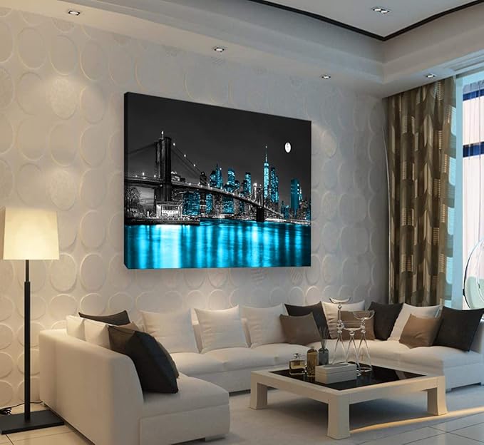 Aibonnly Wall Art Canvas Painting Black White and Blue New York Brooklyn Bridge 1 Piece Cityscape Night Building Picture Poster Print Framed for Living Room Bedroom Kitchen Office Home Decor