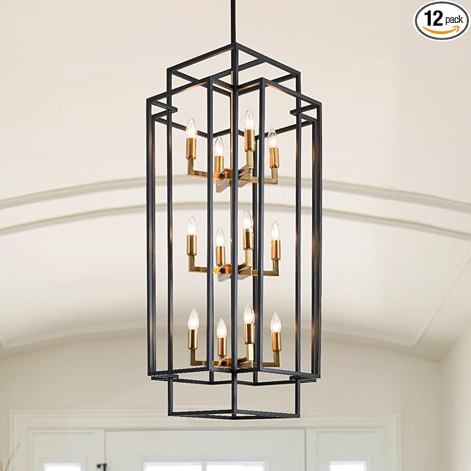 12-Light Kitchen Island Lighting, Modern Farmhouse Dining Room Light Fixtures Over Table, Black and Gold Chandelier for Dining Room, Living Room, Foyer, Entry, Staircase, Hallway