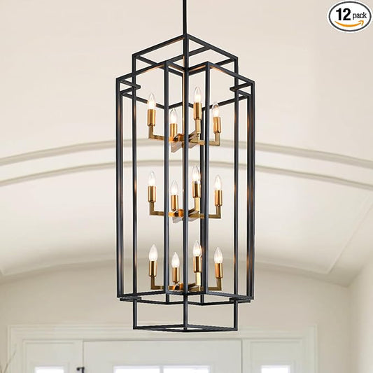 12-Light Kitchen Island Lighting, Modern Farmhouse Dining Room Light Fixtures Over Table, Black and Gold Chandelier for Dining Room, Living Room, Foyer, Entry, Staircase, Hallway