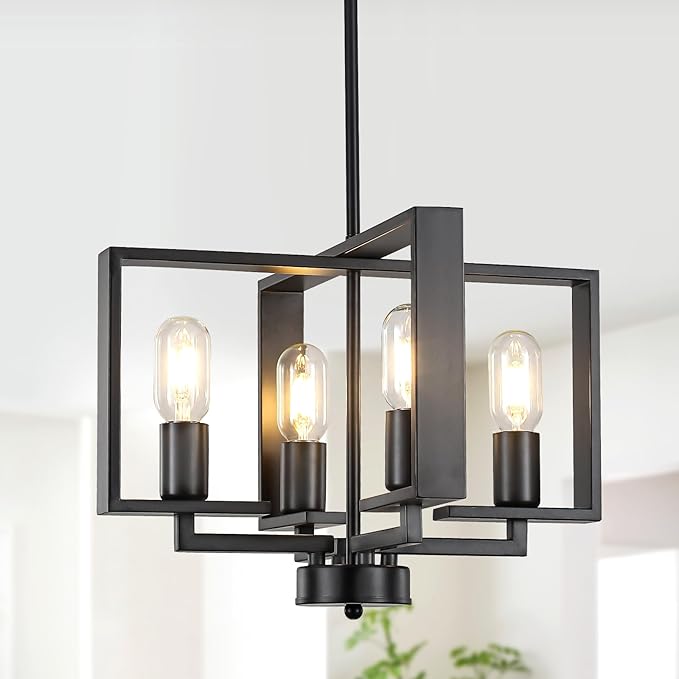 4-Light Modern Farmhouse Black Chandeliers for Entryway, 16'' Geometric Pendant Lights Kitchen Island, Hanging Industrial Metal Chandelier for Stairway Foyer Hallway Dining Room