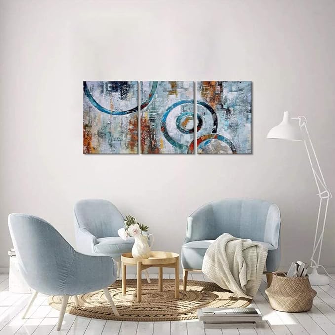 MAMAGO Abstract Wall Art - 3 Panels Geometric Canvas Circle Posters Painting Modern Grey Blue Picture Decor for Living Room Framed Easy to Hang - 12" W x 16" Hx3pcs