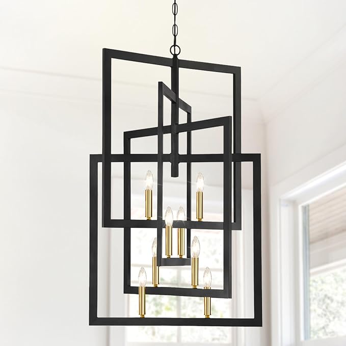 Black and Gold Chandelier, 8-Light Farmhouse Lantern Pendant Light Fixtures, Rustic Industrial Foyer Lighting Fixtures, Large Chandeliers for High Ceilings, for Hallway, Staircase, Entryway
