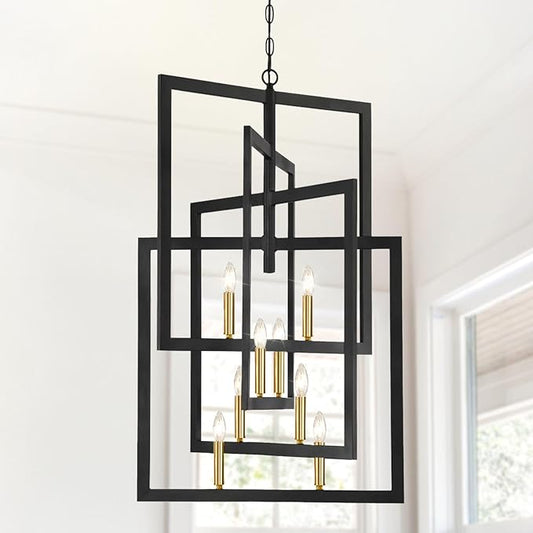 Black and Gold Chandelier, 8-Light Farmhouse Lantern Pendant Light Fixtures, Rustic Industrial Foyer Lighting Fixtures, Large Chandeliers for High Ceilings, for Hallway, Staircase, Entryway