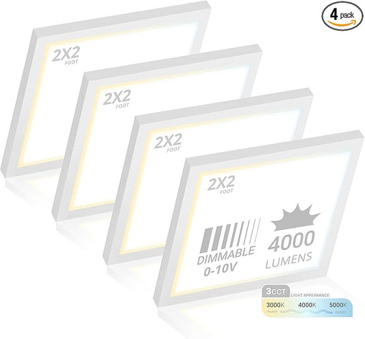 NUWATT 4 Pack, 2x2 LED Flat Panel Light, 120-277V, 3CCT 3000K/4000K/5000K Selectable, 4000LM, 40W, Internal Driver, 0-10V Dimmable, 2x2 FT Surface Mount Panel Light, 24x24 LED Ceiling Lights, 1" Thin