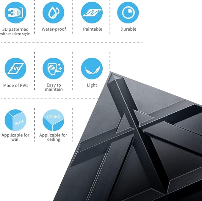 Art3d PVC 3D Wall Panel, Decorative Wall Tile in Black 12-Pack 19.7"x19.7"