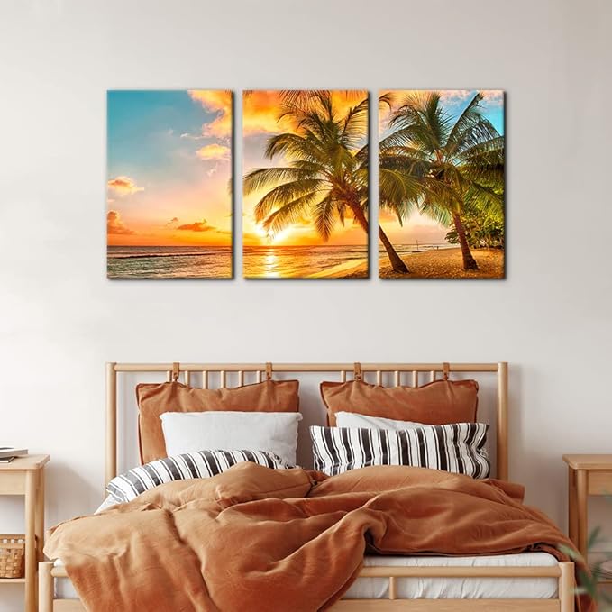 3 Panels Sea Landscape Modern Wall Art Ocean Sunset Canvas Prints Sea Beach Pictures Painting on Canvas Wall Art for Home Decor Gallery Wrapped Tropical Scenery Seascape Giclee Artwork - 16"x24"x3