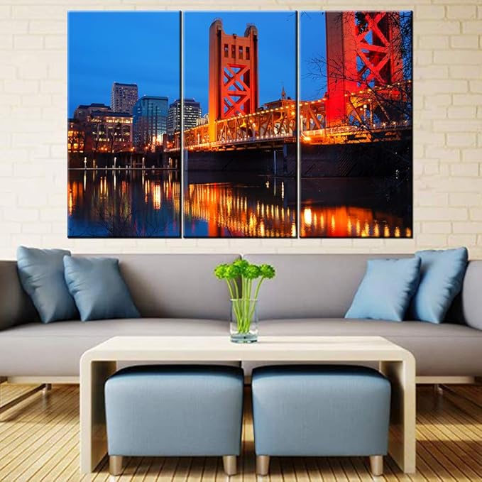 3 Piece Canvas Wall Art - The Tower Bridge Crosses the Sacramento River in the Heart of Downtown Sacramento, California - Modern Home Decor Stretched and Framed Ready to Hang - 40‘’x20‘’x3 panels