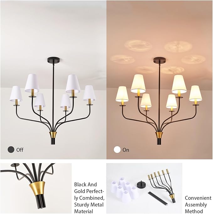 30" Modern Black and Gold Chandelier for Dining Room, 6-Light Mid Century Pendant Light with White Fabric Shade, Contemporary Ceiling Lighting for Living Room Bedroom Kitchen Island, E12