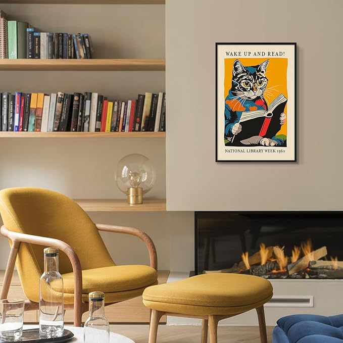 Cat and Book Poster, Wake Up and Read Inspiring Wall Art Canvas, Retro 1960 National Library Week Wall Art, Reading Art for Book Lover, Classic Gallery Wall Decor 12x16in Framed