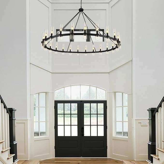 Black Wagon Wheel Chandelier 70 Inch, Large Chandeliers for High Ceilings, 24-Light Chandelier with Glass Shade, Modern Farmhouse Chandeliers for Living Room, Dining Room and Foyer(24 Bulbs Included)