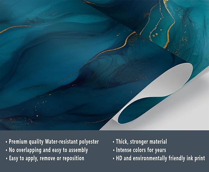 Blue Gold Marble Mural Wallpaper, Modern Fashion Marble Murals, Abstract 3D Gold Texture Murals, Wallpaper for Living Room Bedroom Boy Girl Room Home Decor Mural (Not Peel Stick)