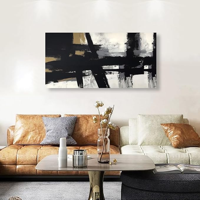 Black and White Abstract Pictures Canvas Wall Art for Living room Office Bedroom Wall Decor,Abstract Wall Art Print Paintings Modern Black Yellow Artwork Waterproof Ready to Hang-20x40inch